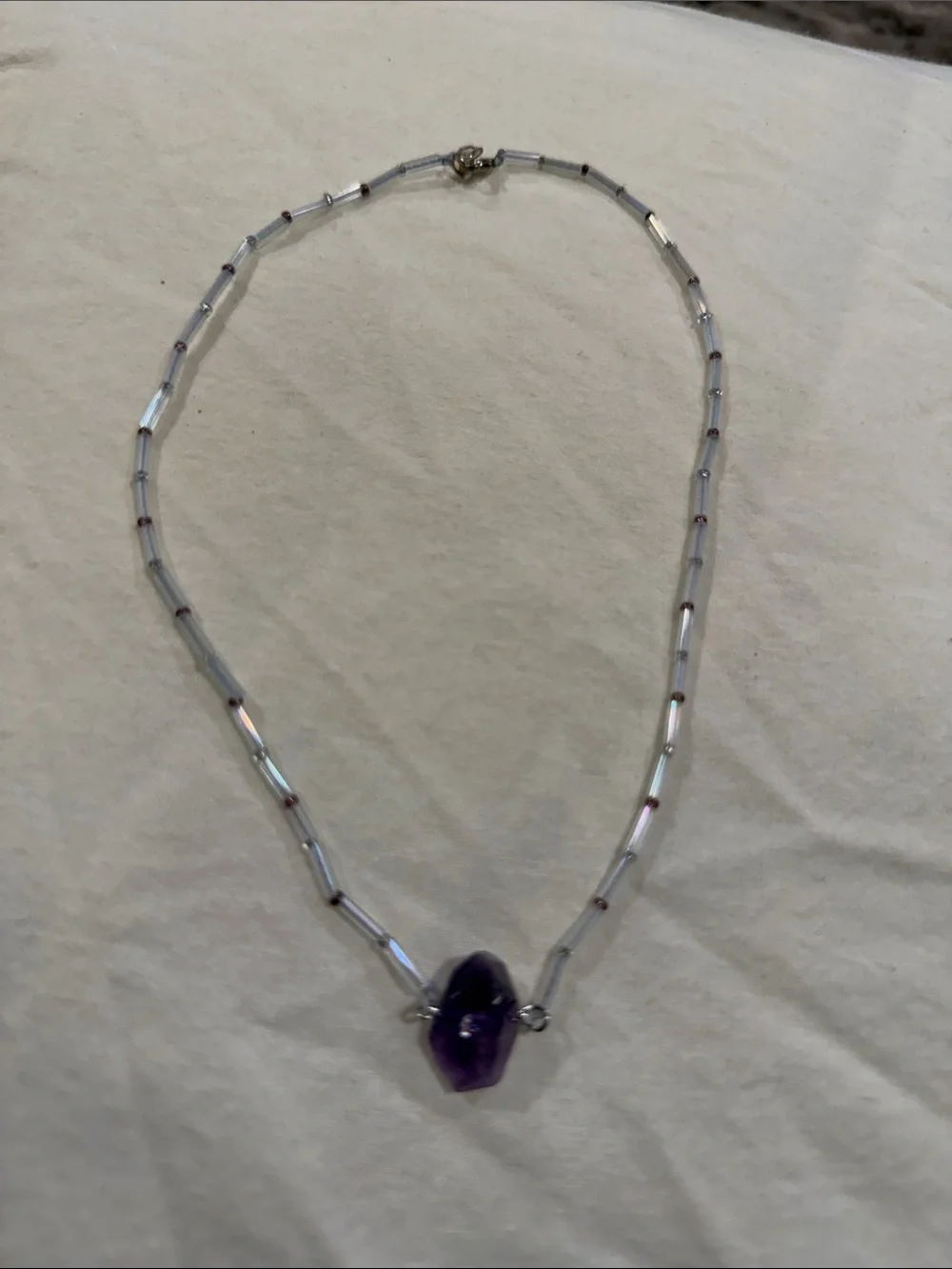Purple Amethyst Pendant Beaded Choker Necklace - 925 silver clasp